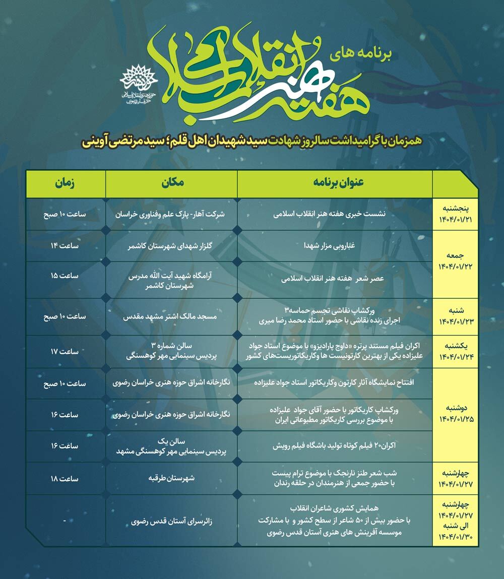 برنامه های هفته هنر انقلاب اسلامی در مشهد اعلام شد برنامه های هفته هنر انقلاب اسلامی در مشهد اعلام شد